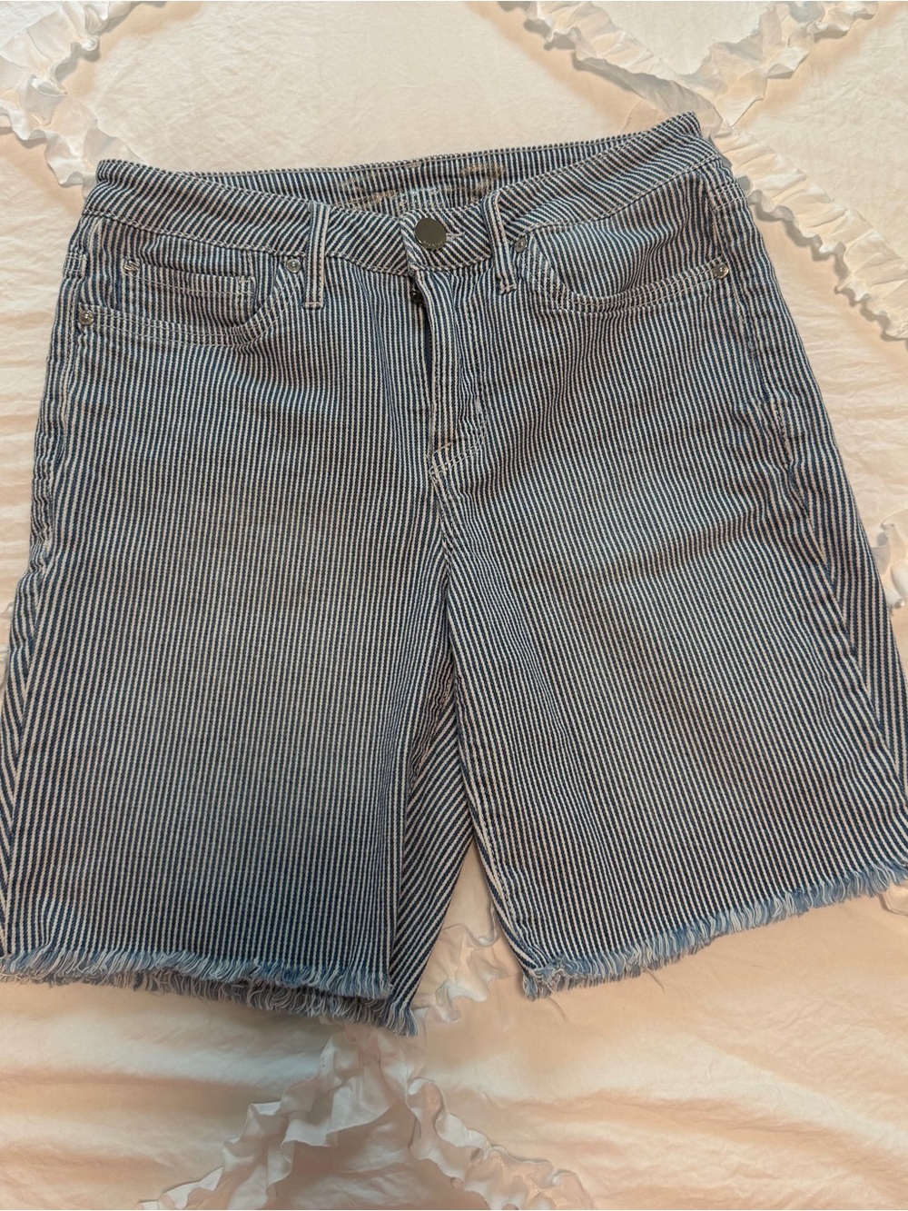 Seven7 Navy and White Striped Denim Bermuda Shorts